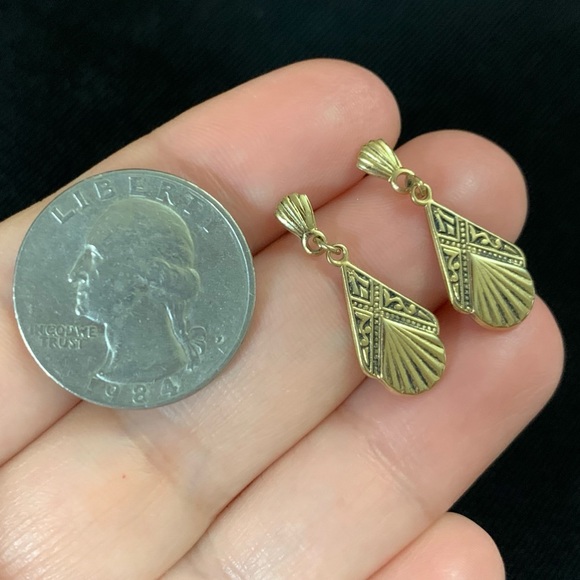 Vintage Spanish Damascene Black & Gold Tone Dangle Post Earrings - Picture 2 of 6